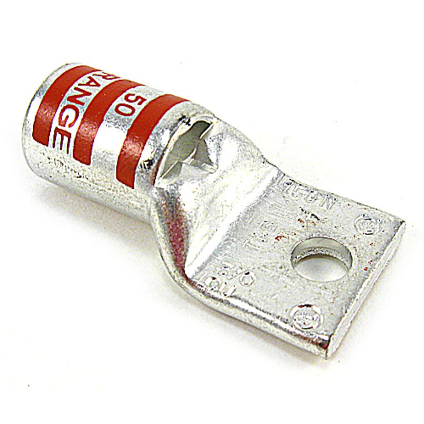 Color-Keyed 54111 54100 1-Hole Non-Insulated Compression Lug With Peep Hole, 3/0 AWG Copper Conductor, Die Code: 50, 3/8 in Stud, Copper